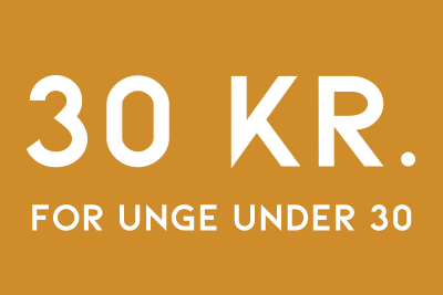 Karrygul firkant med teksten 30 kr. for unge under 30