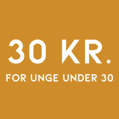 Karrygul firkant med teksten 30 kr. for unge under 30