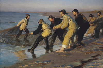 Maleri af P.S. Krøyer “Fiskere trækker vod på Skagen Nordstrand. Sildig eftermiddag”.