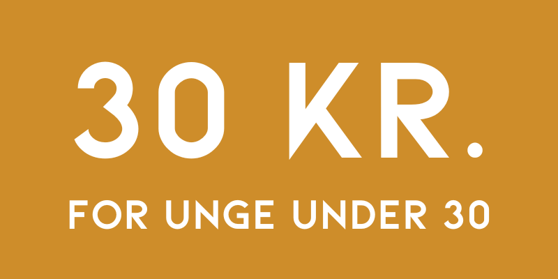 Karrygul firkant med teksten 30 kr. for unge under 30