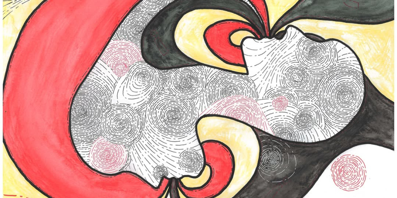 Picture of an ambivilent two headed character in a yin/yang positioning. One has red hair flowing into the mouth of the other and one has black hair flowing into the mouth of the other. It is a representation of forward/backward which is its title.