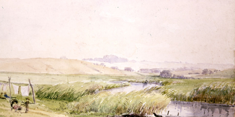 akvarelmaleri af Aarhus Å mod Vest