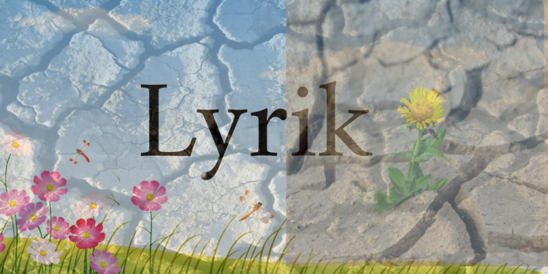 Grafisk komposition af blomster. himmel, marker og udtørret jord med teksten' lyrik' henover