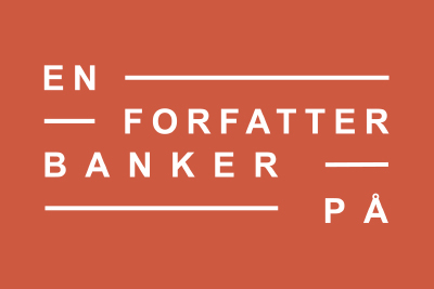 Teksten En forfatter banker på på en orangerød baggrund